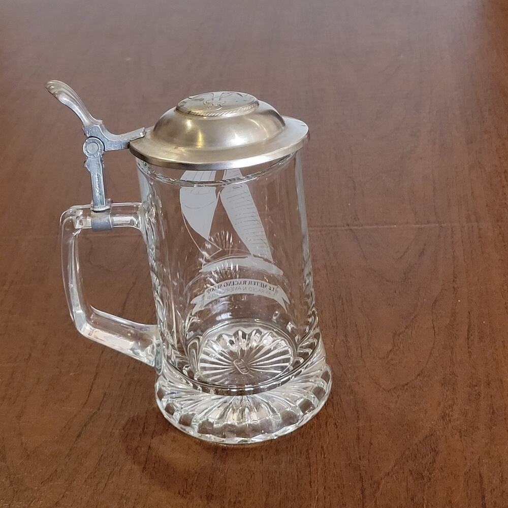 Vintage Etched Glass Beer Stein Pewter Lid 12 Meter America Cup Racing Sloop